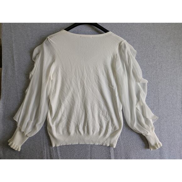 Sioni Milano Blouse‎ Womens Size L Ruffled Sheer Sleeve V-Neck Pullover Cream - Picture 2 of 8